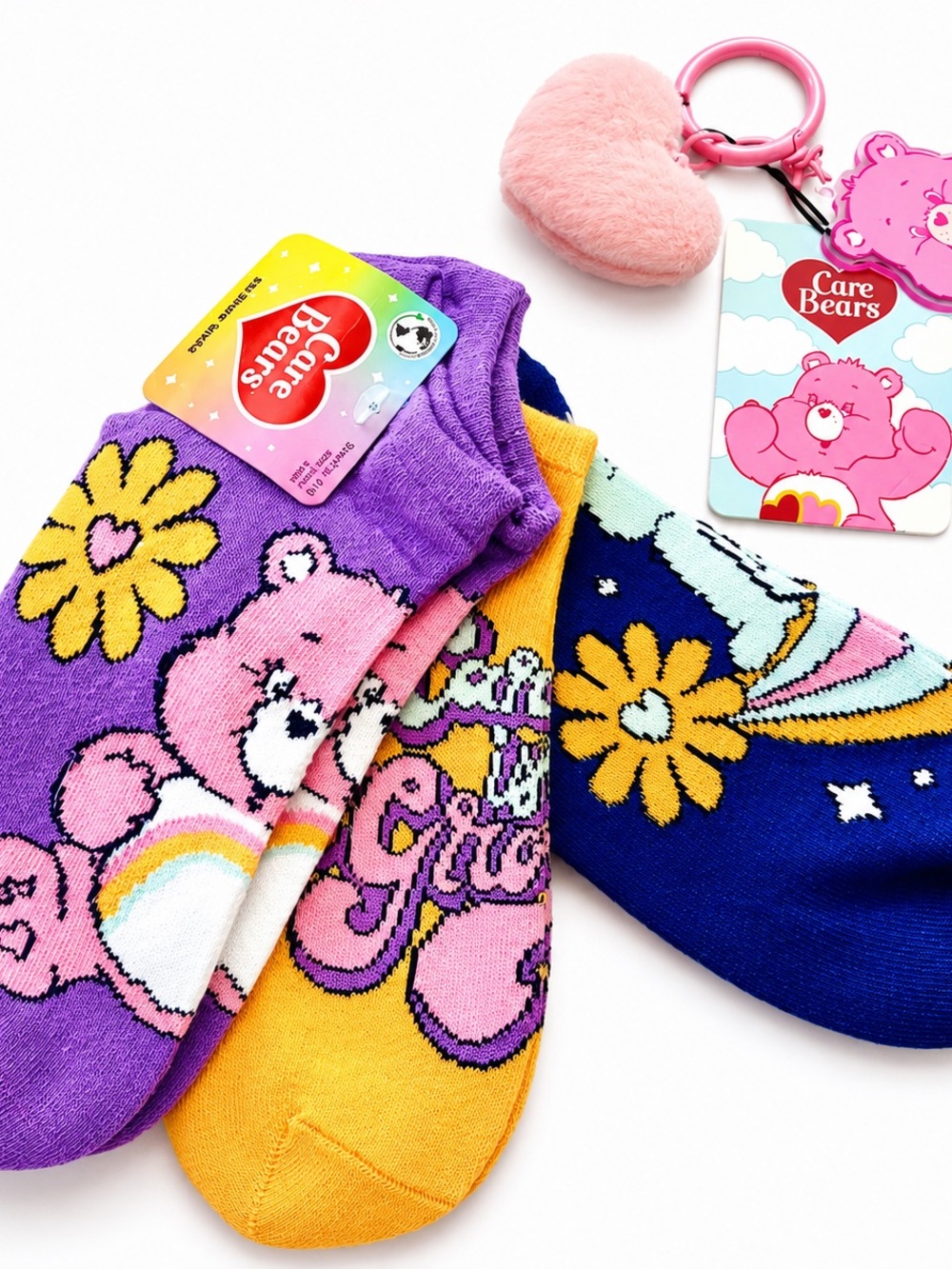 3 pk Carebear Ankle Socks - Purple, Yellow & Blue Colorful Set plus Bag Charm